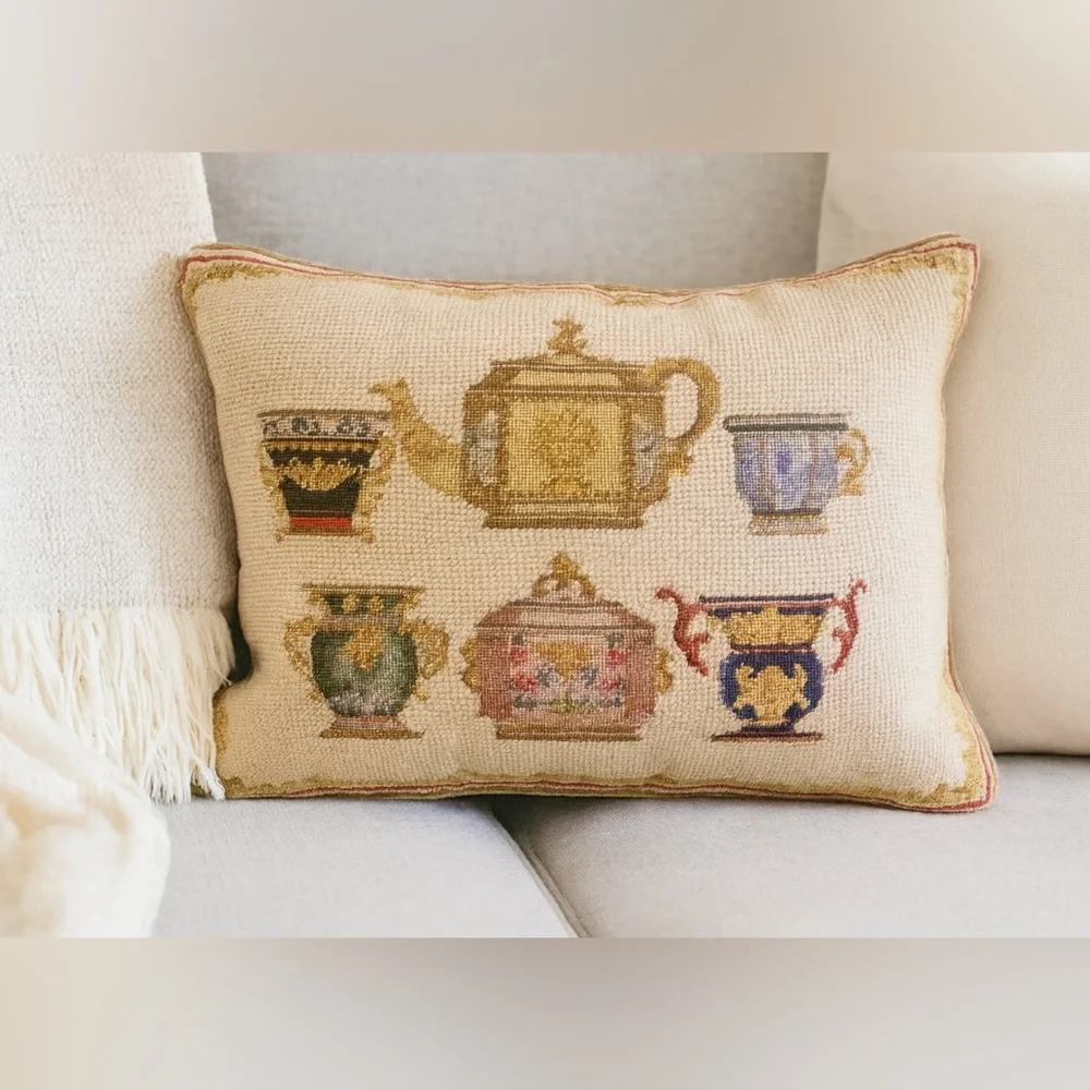 Vintage Teacups and teapot Set Needlepoint Pillow Down filled